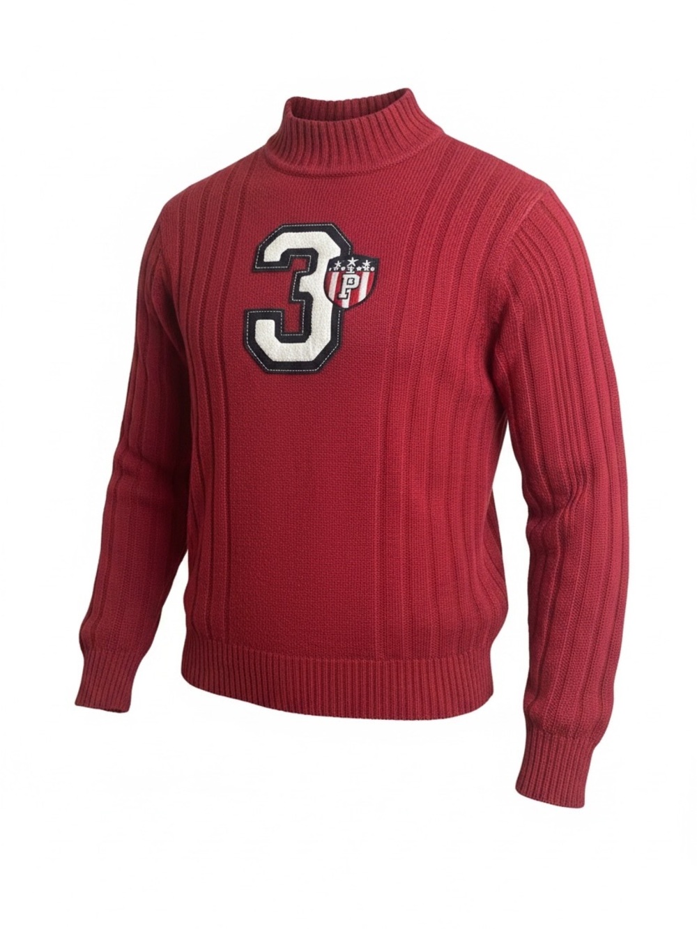 US Polo Assn Vintage Mens Red Ribbed Mock Neck Sweater Varsity Patch academic M